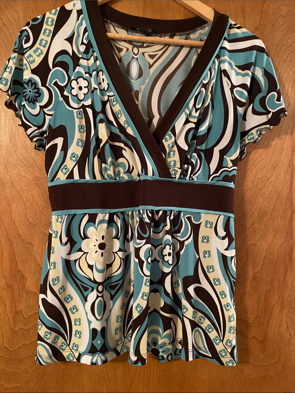 Alyx Teal, Brown & White Floral V-Neck Empire Tunic, Medium